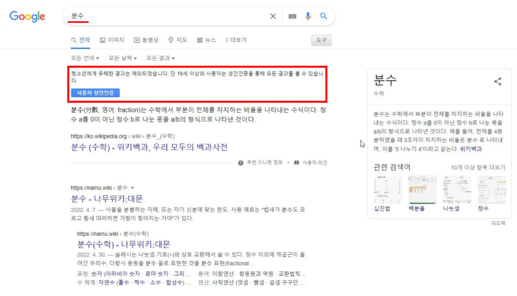 세이프서치 기능의 잘못 필터링 된 예시