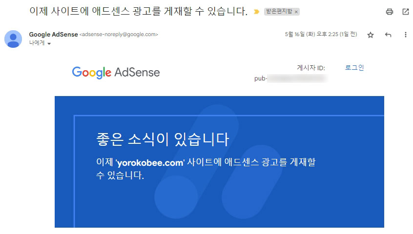 구글 애드센스 심사 합격 메일