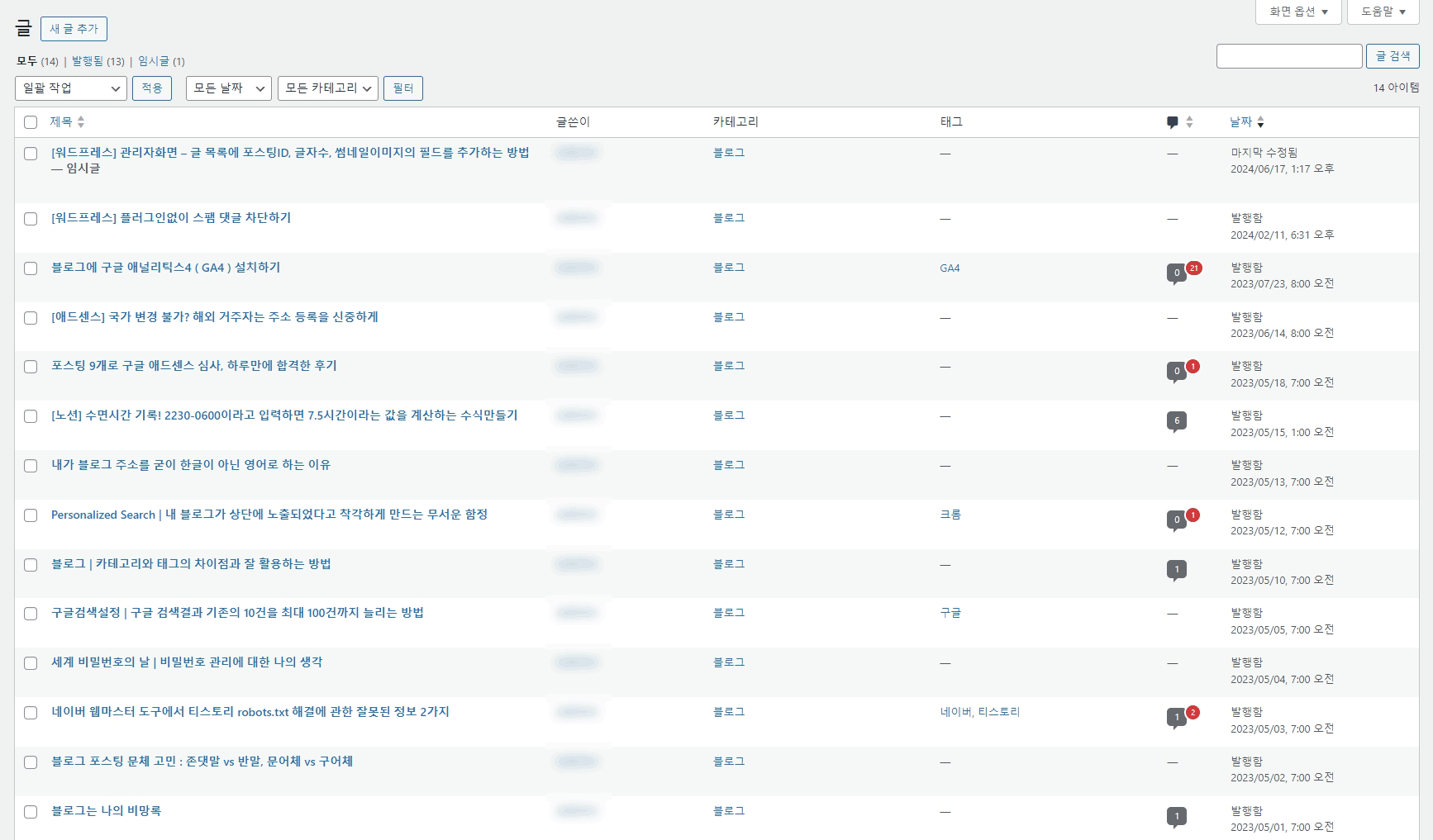 워드프레스 관리자 글 목록 기본화면