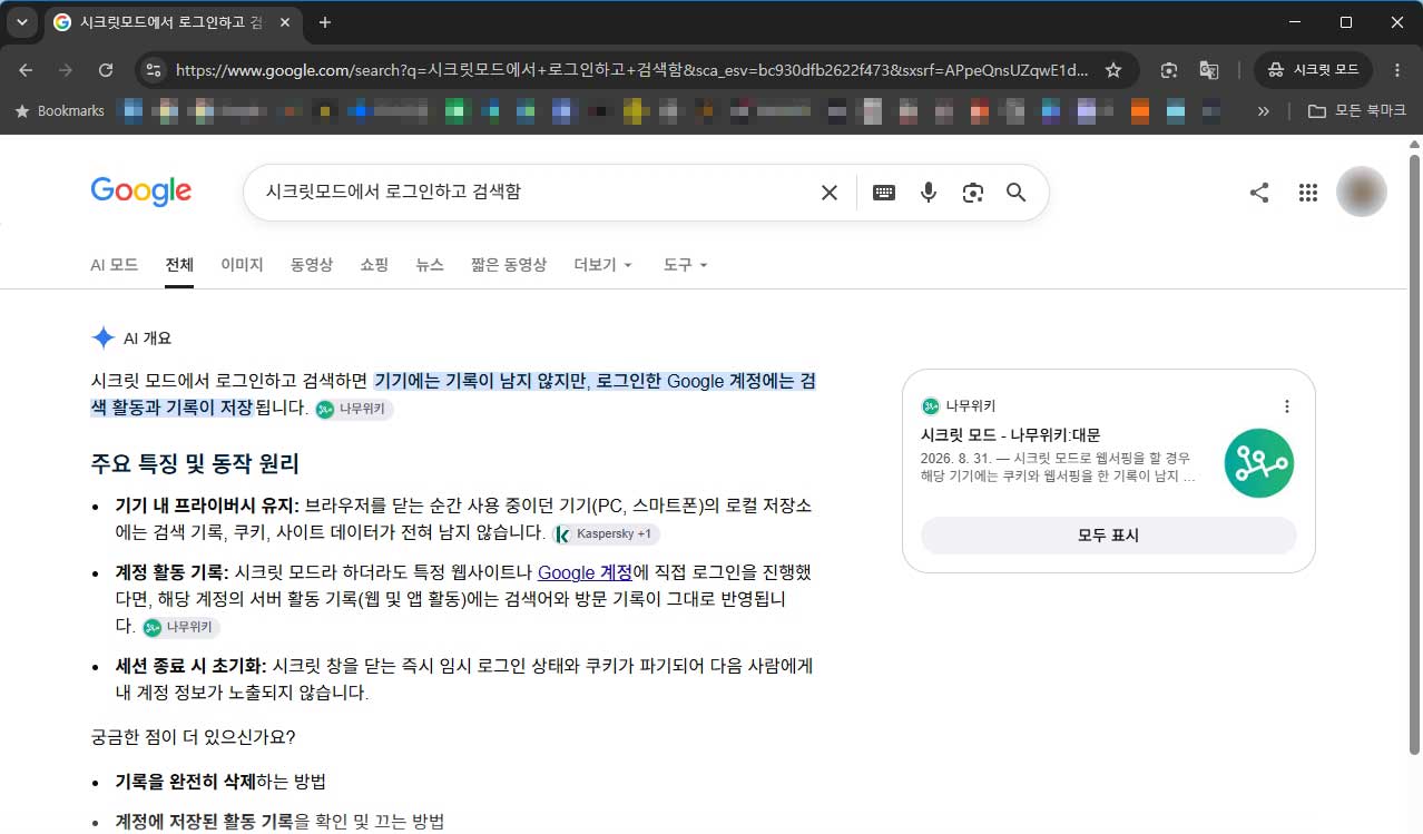 시크릿 모드에서 Google 계정에 로그인해 테스트 검색한 화면